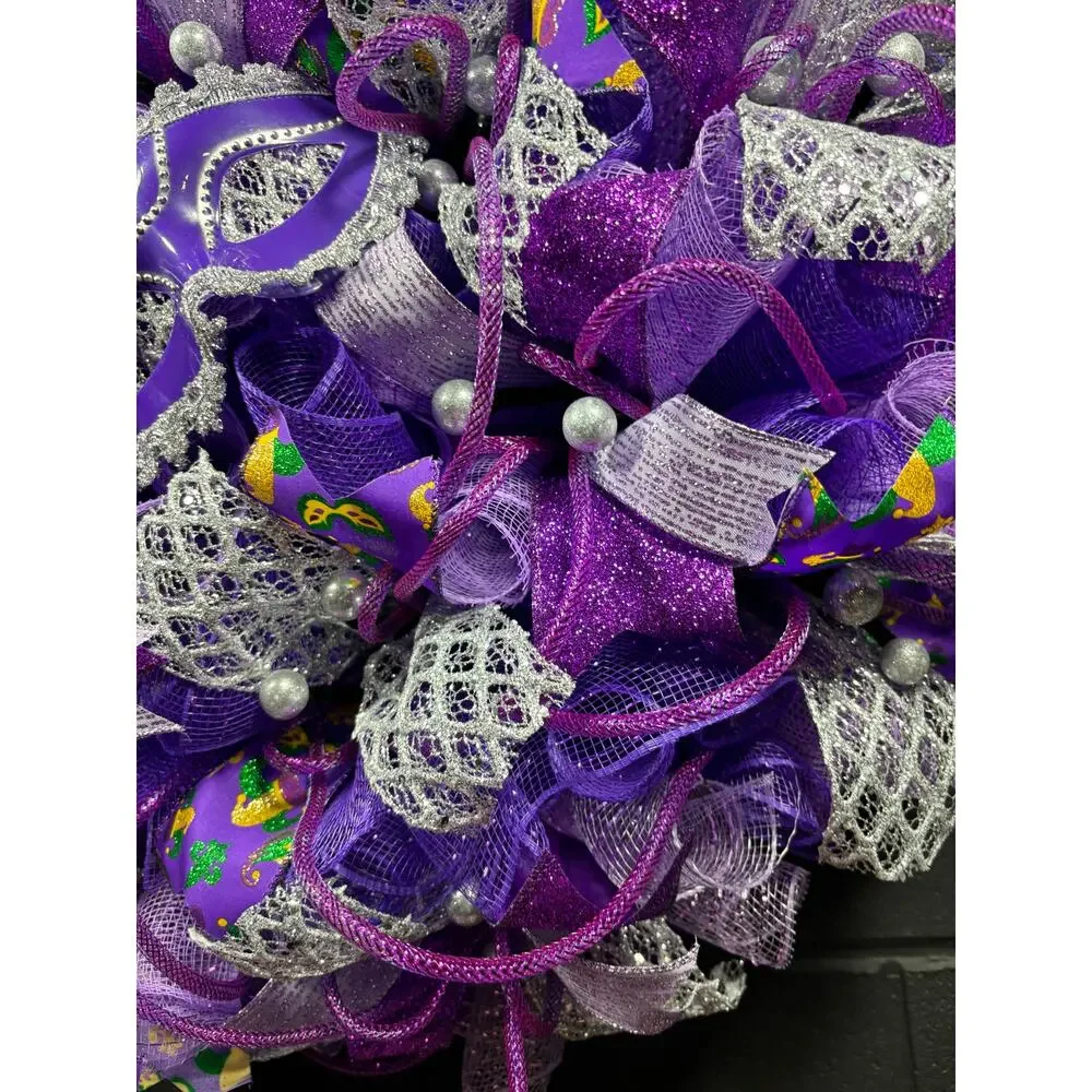 Large Handmade Mardi Gras Front Door Wreath Purple Silver Deco Mesh 22 Inch